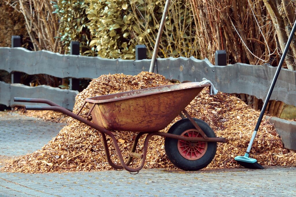 mulch in the garden wheelbarrow