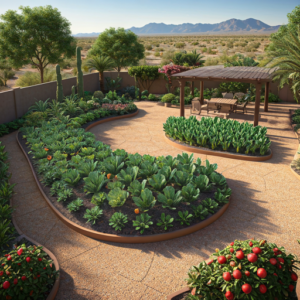 backyard vegetable garden with patio
